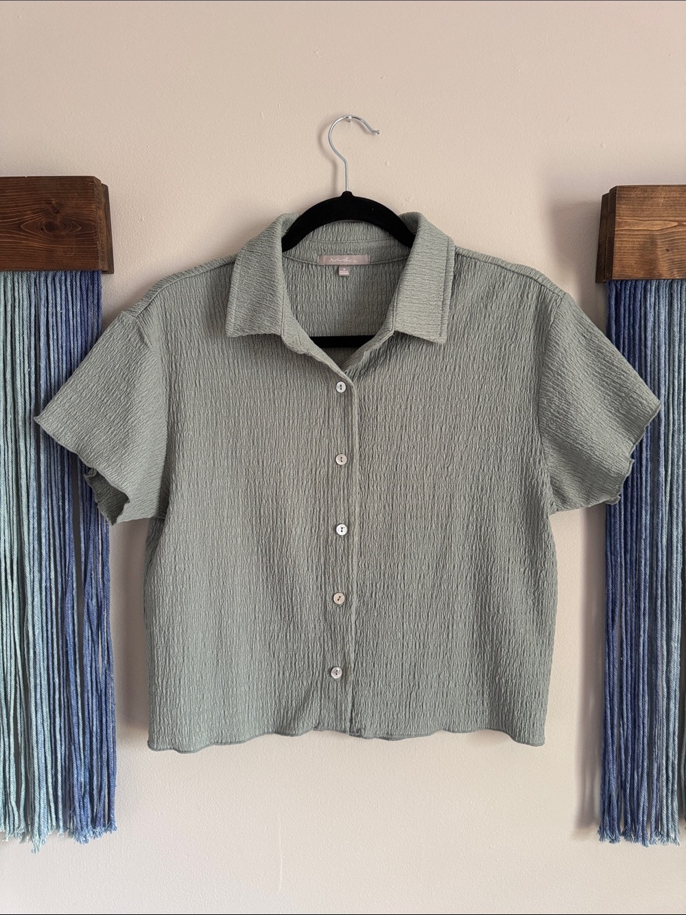 Cropped Sage Green Button-Down Short Sleeve Shirt